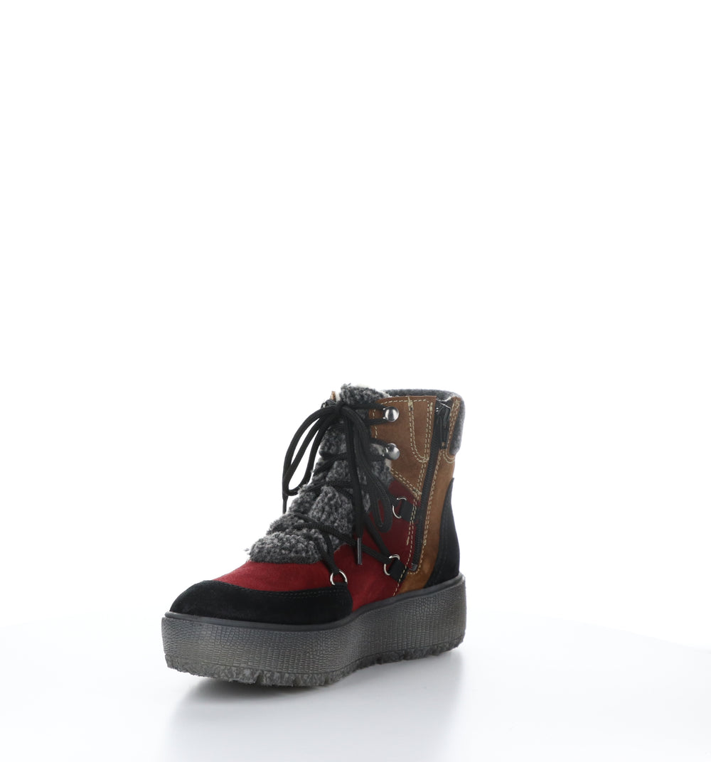 IDEAL Black/Camel/Sangria Zip Up Ankle Boots|IDEAL Bottines avec Fermeture Zippée in Noir
